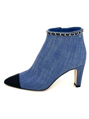 CHANEL 20C Denim Fabric Leather Chain CC Ankle Booties Boots Heels